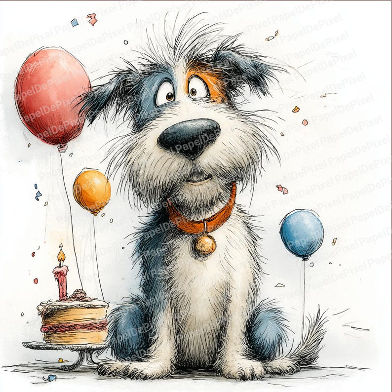 a quirky dog holding a birthday cake with some balloons