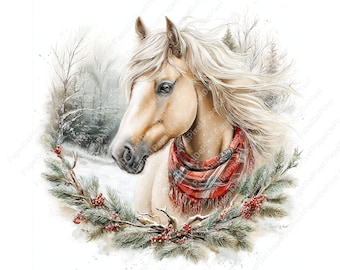 Könnte beinhalten: Aquarellmalerei eines Palomino-Pferdes mit fließender weißer Mähne und einem roten Schottenkaro-Schal. Das Pferd ist vor einer verschneiten Winterlandschaft mit Tannenzweigen und roten Beeren im Vordergrund platziert. Das Kunstwerk hat einen weichen, künstlerischen Stil.
