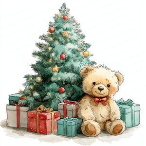 May include: Watercolor illustration of a Christmas scene. A decorated evergreen tree with ornaments and lights stands behind a teddy bear wearing a red bow tie. Several wrapped gifts in red, gray, and teal are at the base of the tree.