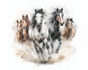 Running horses clipart bundle, Watercolor horse clipart, Lovely horses printable clip art, Junk journal, Paper craft, Digital Download JPEG