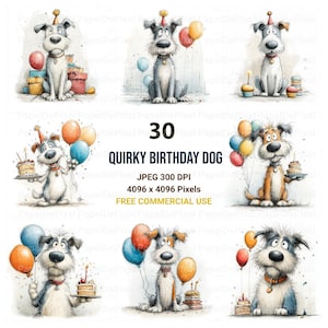Puede incluir: Una colecci&oacute;n de ilustraciones en acuarela con perros extravagantes celebrando cumplea&ntilde;os. Cada perro se representa con gorros de fiesta, globos y pasteles de cumplea&ntilde;os. Se muestra el texto "30 QUIRKY BIRTHDAY DOG". Las im&aacute;genes son para uso comercial.