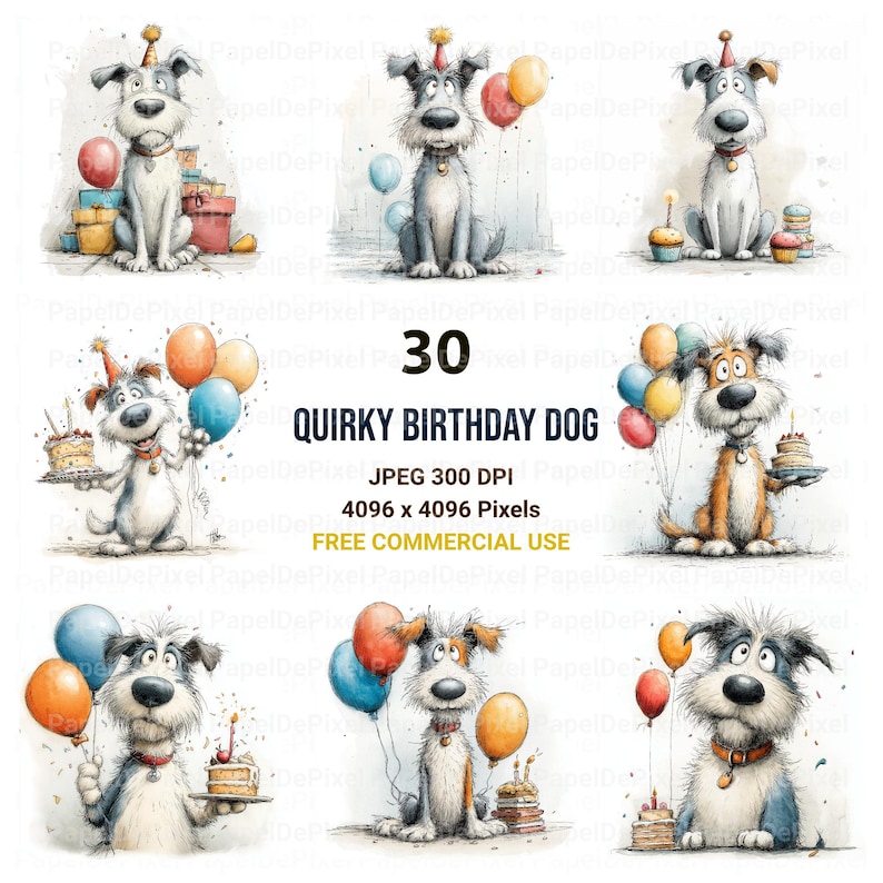 Puede incluir: Una colecci&oacute;n de ilustraciones en acuarela con perros extravagantes celebrando cumplea&ntilde;os. Cada perro se representa con gorros de fiesta, globos y pasteles de cumplea&ntilde;os. Se muestra el texto "30 QUIRKY BIRTHDAY DOG". Las im&aacute;genes son para uso comercial.