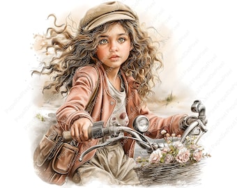 Schattig meisje clipart, fiets meisje, mooie kinderen vintage fiets, 10 jpeg aquarel clipart bundel, junk journal kit, commercieel gebruik.