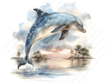 Cute dolphin clipart, Sea animals Clipart, Dolphin ocean watercolor clipart, Digital Wall art printable 13 JPEG, Paper craft, Junk journal