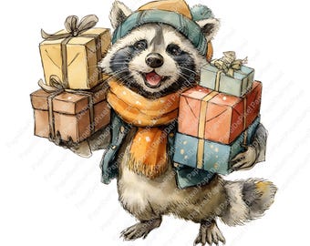 Paquete de imágenes prediseñadas de mapaches navideños, ilustraciones imprimibles en acuarela, animales divertidos, animales del bosque en invierno, manualidades en papel, uso comercial