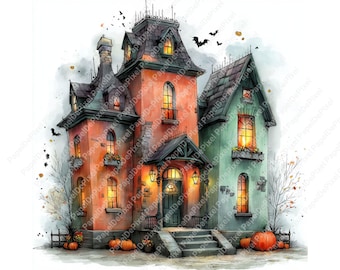 Haunted house Clipart bundle, Whimsical Halloween House, Spooky Halloween, Scary clipart, Junk journal, Sublimation, Paper craft, Scrapbook