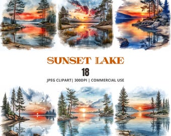 Op de afbeelding: Aquarel schilderijen van zonsondergangen boven een meer, met bomen en reflecties in het water. De tekst "SUNSET LAKE 18" staat onder de afbeeldingen. Het kunstwerk is gelabeld als JPEG clipart voor commercieel gebruik.