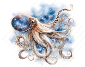 Op de afbeelding: Waterverfillustratie van een octopus met een hemels thema. De octopus is afgebeeld in tinten bruin en wit, met een blauwe en sterrenhemel achtergrond. De tentakels zijn sierlijk gebogen en het ontwerp is gedetailleerd en artistiek.