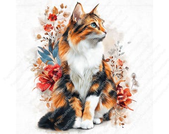 Op de afbeelding: Een aquarel illustratie van een lapjeskat met oranje, zwarte en witte vacht en blauwe ogen. De kat is omringd door rode en oranje bloemen en bladeren, tegen een witte achtergrond.