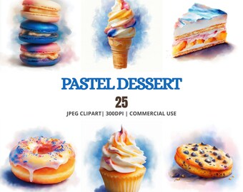 Pastel dessert clipart bundle, 25 JPEG, Cupcake, Donut, Macaron, Ice Cream Cone, Cake Slice, Cookies, Watercolor Dessert Illustrations