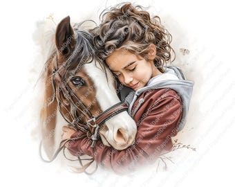 水彩画の馬の女の子のクリップアートバンドル、かわいい女の子と馬