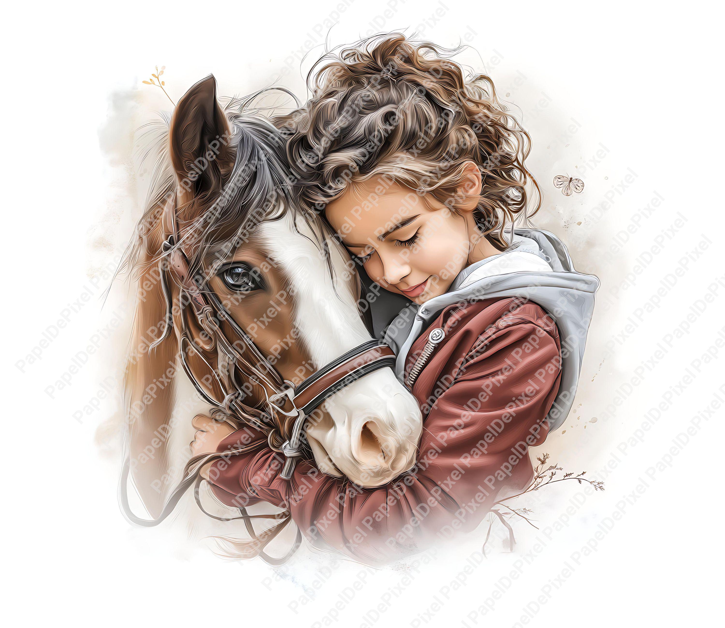 抽象的な油彩画 子供と馬 水彩画の馬の女の子のクリップアートバンドル、かわいい女の子と馬