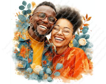 Op de afbeelding: Waterverfillustratie van een lachend stel. De man draagt een bril, een geel shirt en een spijkerjasje met oranje bloempatronen. De vrouw draagt een bril en een oranje top. Bloemen- en bladaccenten omringen hen.