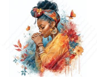Op de afbeelding: Waterverfillustratie van een vrouw met gesloten ogen, met een tulband en gouden sieraden. Ze draagt een geel en oranje top, met haar handen gevouwen in gebed. Het kunstwerk toont vlinders en bloemmotieven.