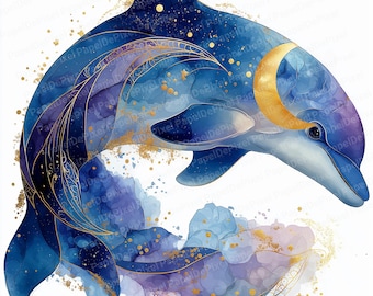 神秘的なイルカのクリップアート、天空の海の動物アート、月と星の