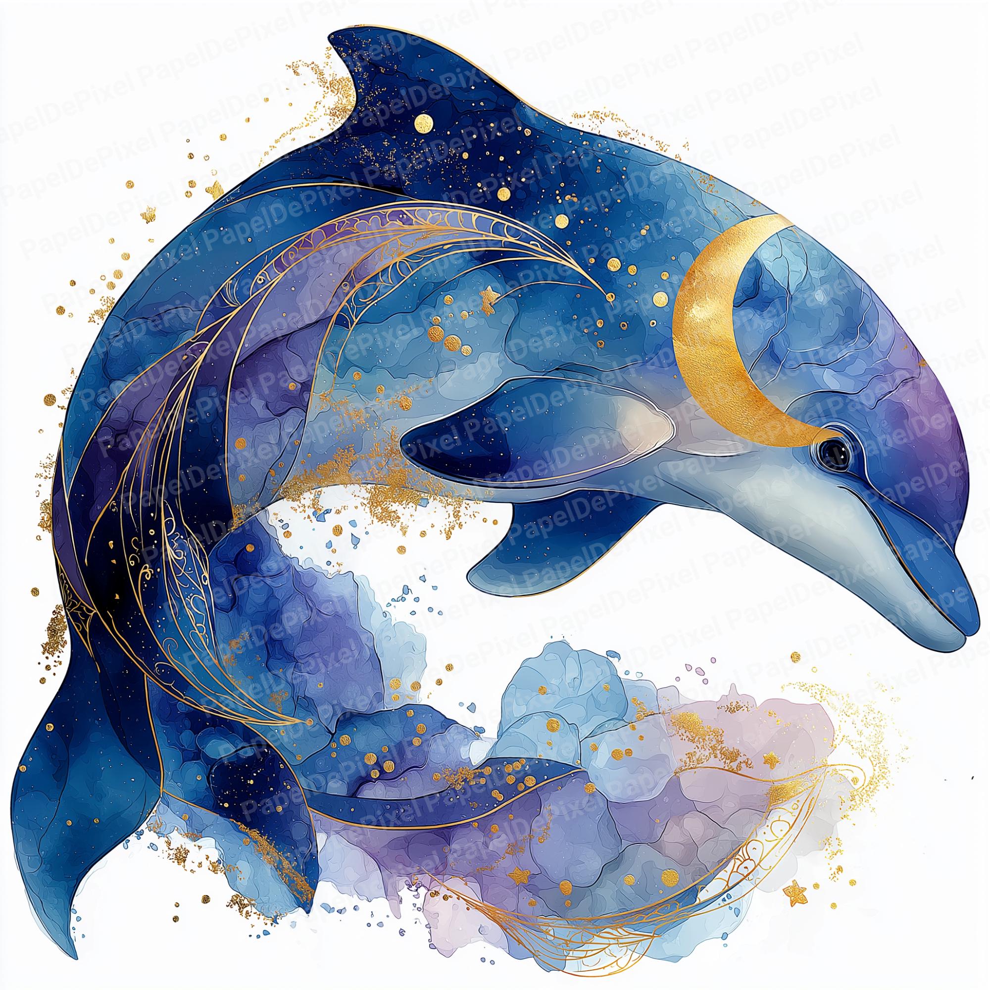 神秘的なイルカのクリップアート、天空の海の動物アート、月と星の