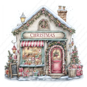 Könnte beinhalten: Aquarellillustration eines Weihnachtsgeschäfts. Das Geschäft hat eine rot-weiß gestreifte Markise, eine rote Tür und ein Schild mit der Aufschrift "CHRISTMAS". Das Geschäft ist mit Girlanden, Schleifen und Schnee geschmückt. Geschenke sind vor dem Geschäft gestapelt.