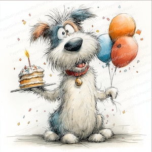 a quirky dog holding a birthday cake with some balloons