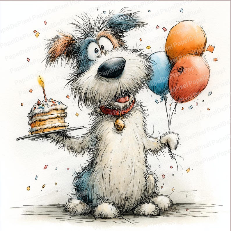 a quirky dog holding a birthday cake with some balloons