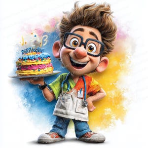 Könnte beinhalten: Cartoon-Illustration eines lächelnden Arztes, der einen bunten Geburtstagskuchen mit dem Wort "Birthday!" darauf hält. Der Arzt trägt eine Brille, ein Stethoskop und einen Arztkittel. Der Hintergrund hat bunte Farbspritzer.