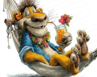 Op de afbeelding: Cartoon illustratie van een leeuw die ontspant in een hangmat, gekleed in een blauw overhemd en een bloemenkrans. De leeuw houdt een glas sinaasappelsap met een rietje en een hibiscusbloem vast. De leeuw glimlacht en lijkt te genieten van een tropisch drankje.