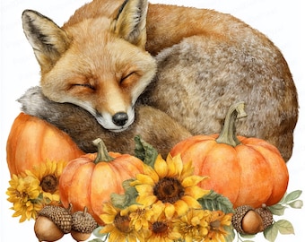 Cute fall fox, Fall Animal Clip Art, Printable Watercolor Fox clipart, High quality 14JPEG, Digital download, Paper craft, Sublimation .