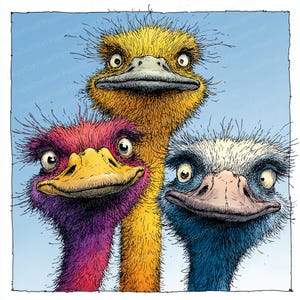 May include: A whimsical illustration features three ostriches with expressive eyes and colorful plumage. The central ostrich is yellow, flanked by a purple and a blue ostrich. The artwork has a cartoonish style against a light blue background.