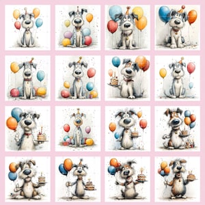 Puede incluir: Una colecci&oacute;n de ilustraciones en acuarela que representan perros de dibujos animados celebrando cumplea&ntilde;os. Cada perro lleva un gorro de fiesta y est&aacute; rodeado de globos y una tarta de cumplea&ntilde;os. Los perros se representan en varias poses.