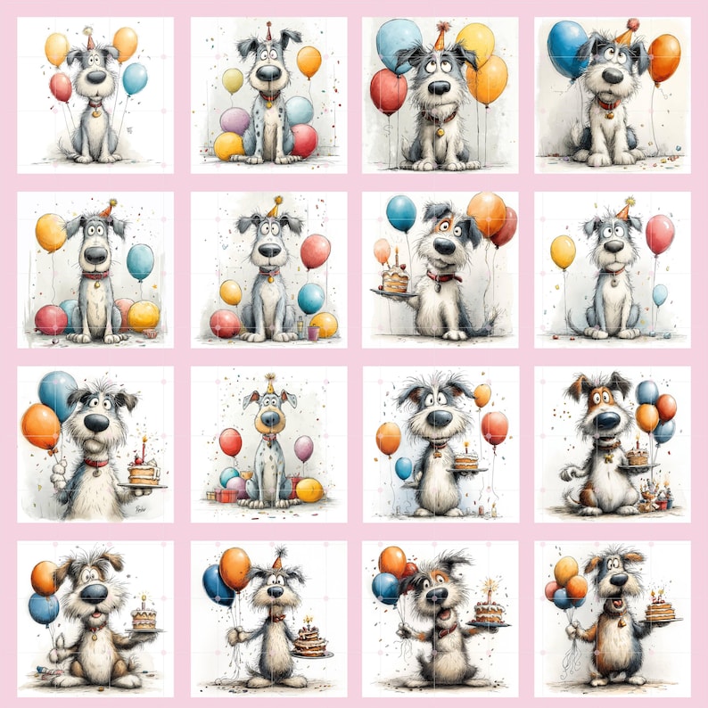 Puede incluir: Una colecci&oacute;n de ilustraciones en acuarela que representan perros de dibujos animados celebrando cumplea&ntilde;os. Cada perro lleva un gorro de fiesta y est&aacute; rodeado de globos y una tarta de cumplea&ntilde;os. Los perros se representan en varias poses.