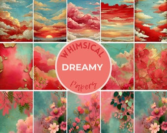 Op de afbeelding: Een verzameling digitale kunstprints met dromerige, grillige ontwerpen. De prints tonen levendige luchten met rode en oranje wolken, bloemstukken en de tekst "WHIMSICAL DREAMY PAPERS" in een koraalroze cirkel.