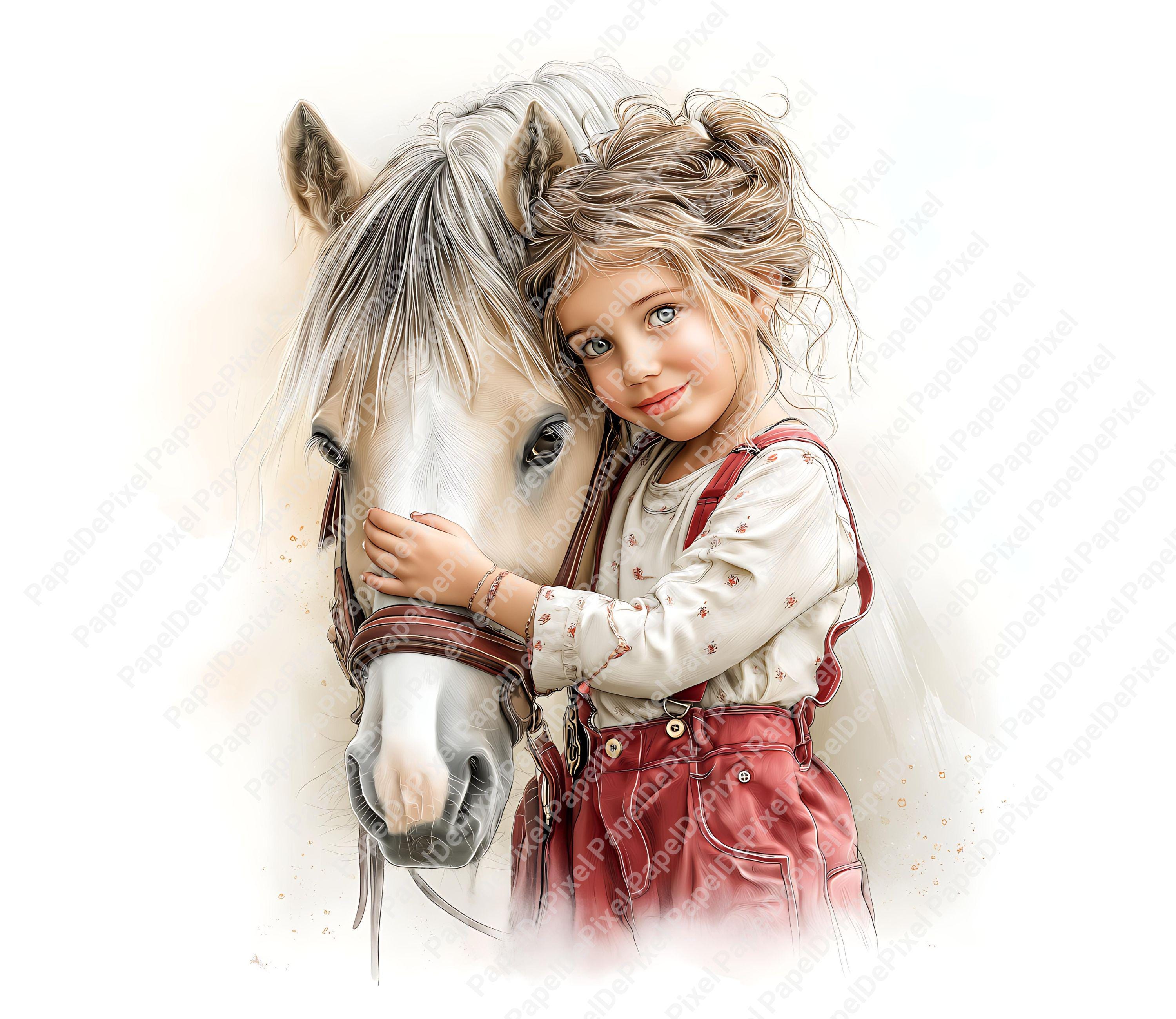 水彩画の馬の女の子のクリップアートバンドル、かわいい女の子と馬