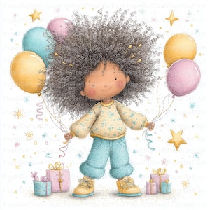 Black birthday girl clipart  ,afro girl clipart ,quirky birthday girl celebration  curly black girl Printable Watercolor, High-Quality JPGs