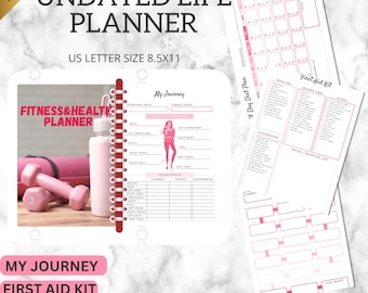 May include: An undated life planner with a fitness and health theme. The planner includes sections for tracking measurements, a diet plan, and a first aid kit. The planner is US letter size 8.5x11 and features pink accents.