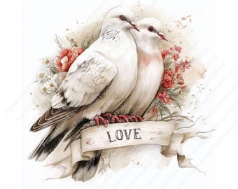 Op de afbeelding: Waterverfillustratie van twee witte duiven, omringd door rode en witte bloemen. Een banner eronder leest "LOVE". Het kunstwerk heeft een zachte, romantische uitstraling.
