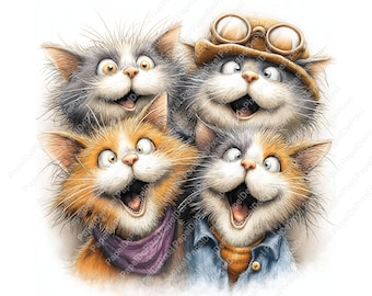 Op de afbeelding: Een grillige illustratie van vier lachende katten met expressieve ogen. Eén kat draagt een pilotenhoed en een bril. De katten hebben verschillende vachtkleuren, waaronder grijs, oranje en wit. Eén kat draagt een paarse sjaal en een ander een blauw overhemd.