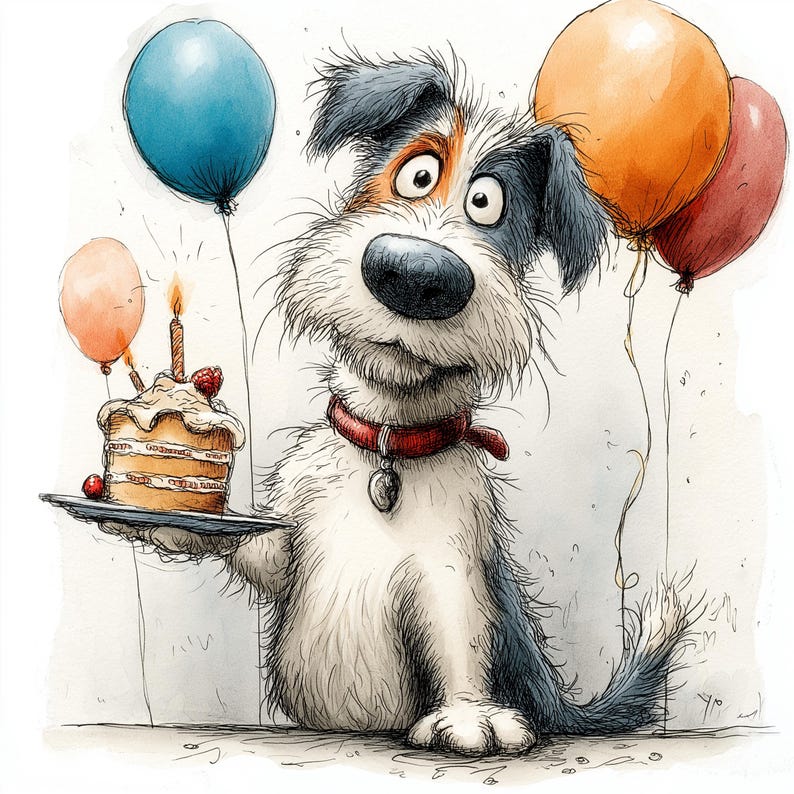 a quirky dog holding a birthday cake with some balloons