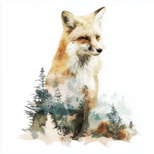 May include: Watercolor painting of a red fox with a white chest and a forest scene overlay. The fox is sitting and looking to the right. The forest scene includes evergreen trees and a misty background.