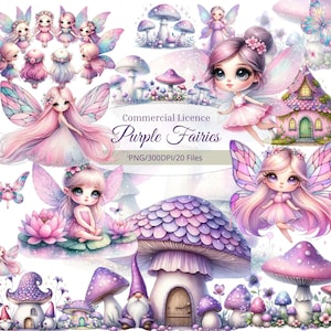 Puede incluir: Una colección de ilustraciones en acuarela con hadas moradas, setas y casas de hadas. Las imágenes tienen un estilo suave y caprichoso con paletas de colores rosas y moradas. El texto dice "Commercial Licence Purple Fairies PNG/300DPI/20 Files."