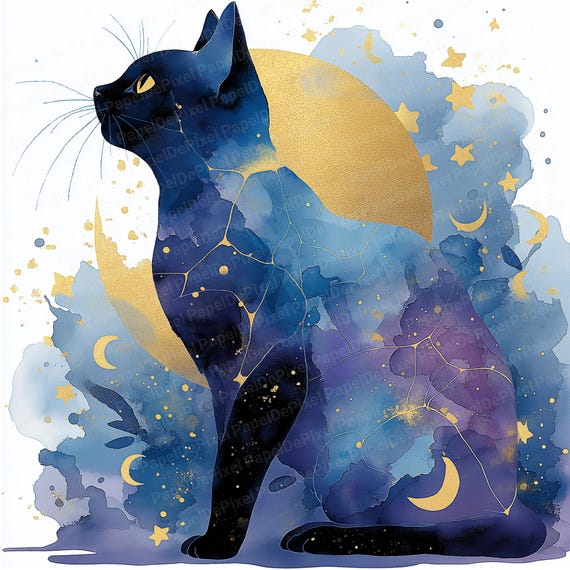 黒猫のクリップアート：水彩画の月と星、かわいい黒猫、気まぐれな動物