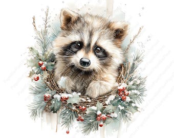 Cute Christmas Raccoon Clipart bundle, Watercolor Winter Clipart, Christmas Animal Junk Journal, Scrapbooking, Christmas  Card Making