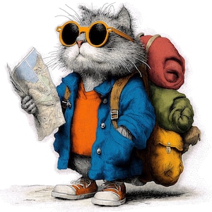 May include: A cartoon illustration of a gray cat wearing sunglasses, an orange shirt, and a blue jacket, holding a map. The cat has a backpack with red, green, and yellow items. It is wearing orange sneakers with white soles. The image has a travel theme.