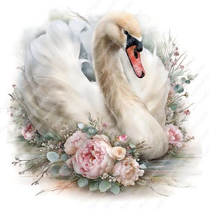 Puede incluir: Ilustración en acuarela de un cisne con plumas blancas, cabeza color crema y pico rojo y negro. El cisne está rodeado de peonías rosas, vegetación y ramitas delicadas, creando una estética suave y romántica.