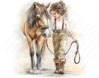 Op de afbeelding: Waterverfillustratie van een meisje dat een bruin paard leidt. Het meisje draagt een wit overhemd, een beige broek, rode bretels en bruine laarzen. Het paard heeft een halster en teugels. De achtergrond is een zachte, neutrale kleur.