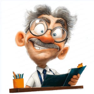 Könnte beinhalten: Cartoon-Illustration eines lächelnden Mannes mit grauem Haar, Brille und Schnurrbart. Er trägt ein weißes Hemd, eine blaue Krawatte und hält einen Klemmbrett. Ein kleiner orangefarbener Stifthalter mit Stiften befindet sich auf dem Schreibtisch.