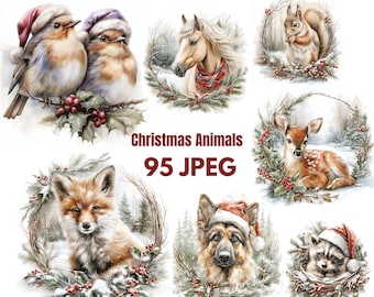 Op de afbeelding: Waterverfillustraties van verschillende kerstdieren, waaronder vogels, een paard, een eekhoorn, een hert, een vos, een hond en een wasbeer, elk versierd met feestelijke kransen en kerstmutsen. De tekst "Christmas Animals 95 JPEG" is ook aanwezig.
