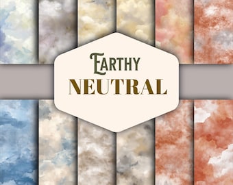 Op de afbeelding: Een verzameling van 20 naadloze aquarel achtergronden in verschillende aardse neutrale tinten. De afbeelding toont een reeks kleuren, waaronder blauw, bruin en rood, met een getextureerde, wolkachtige uitstraling. De tekst "Earthy Neutral" en "20 Seamless watercolor Background" worden weergegeven.