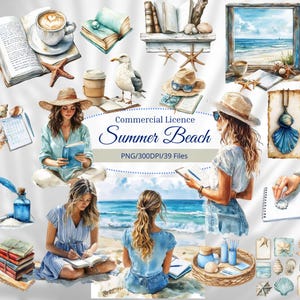 Summer Beach Clipart Bundle: Watercolor Ocean & Planner Girl Illustrations (Digital Download