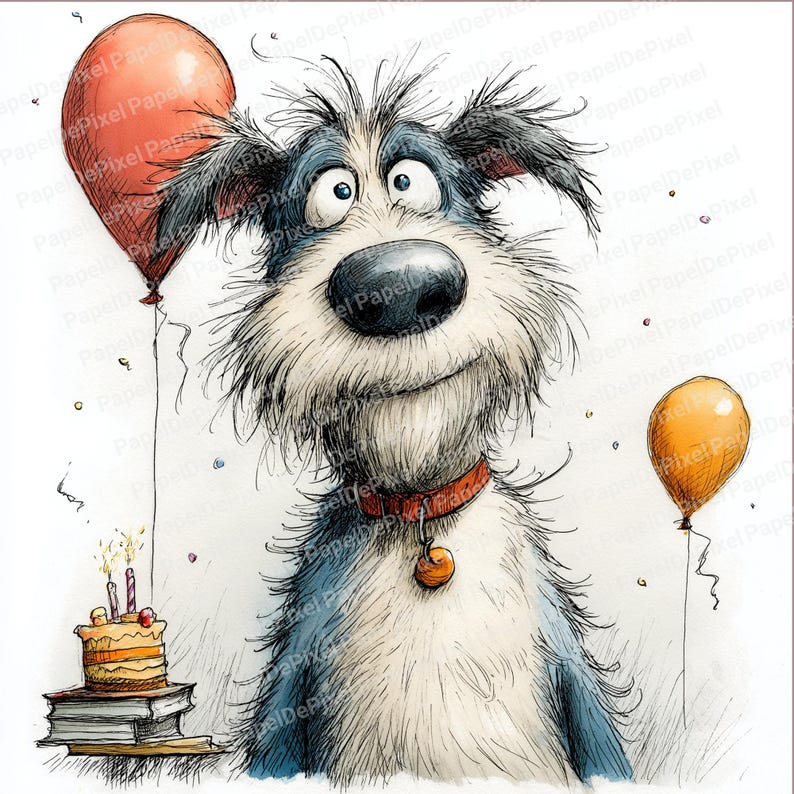 a quirky dog holding a birthday cake with some balloons