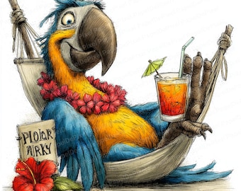 Op de afbeelding: Een cartoon illustratie van een blauw-gele papegaai die ontspant in een hangmat. De papegaai draagt een bloemenkrans en houdt een cocktail met een groene paraplu vast. Een bord leest "Ploar Arky" naast een rode hibiscusbloem.