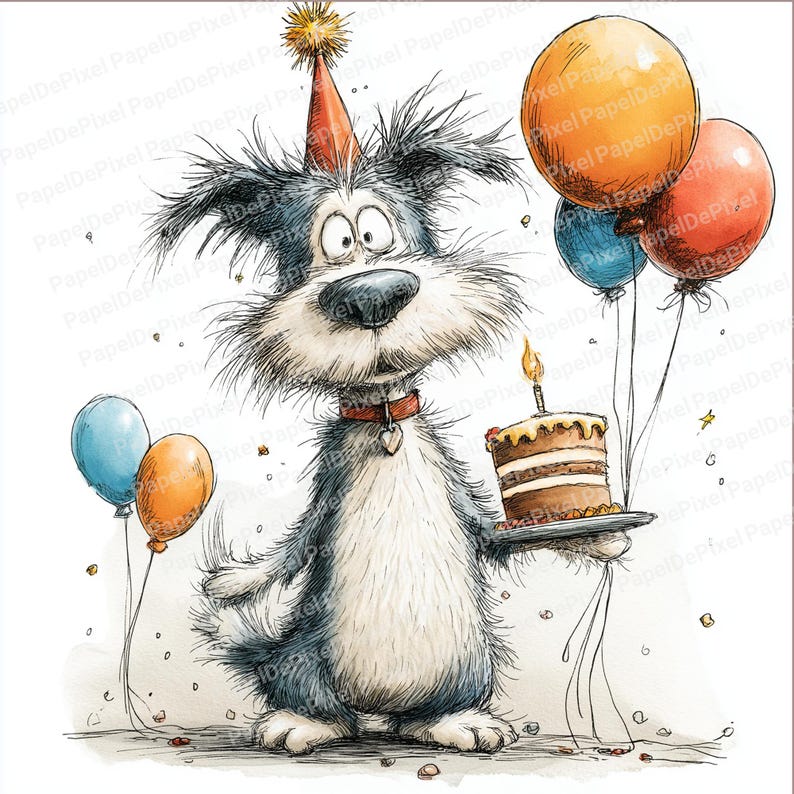 a quirky dog holding a birthday cake with some balloons